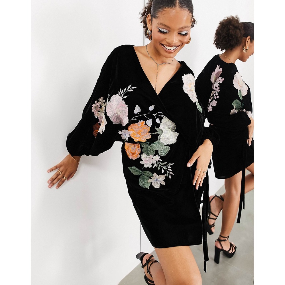 ASOS EDITION Floral Embroidered Velvet Wrap Mini Dress Blouson Sleeve Black 10